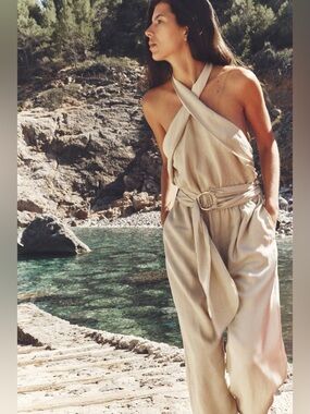 Zara Cream Halter Cross-Front Jumpsuit with Belt